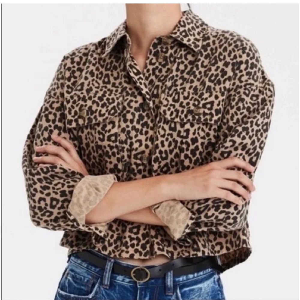 American Eagle Outfitters Leopard Print Button-Up Shirt Jacket - Tan & Black